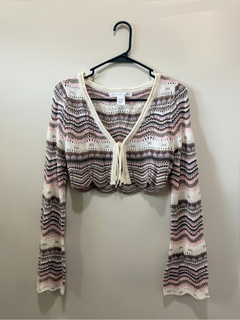 Altar’d State Kaleigh Crochet Open Knit Cardigan Sweater Brown Multi S